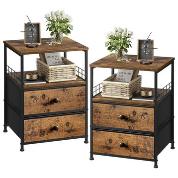 Rustic Nightstand Set of 2 with Fabric Drawers and Open Wood Shelf Storage, Brow
