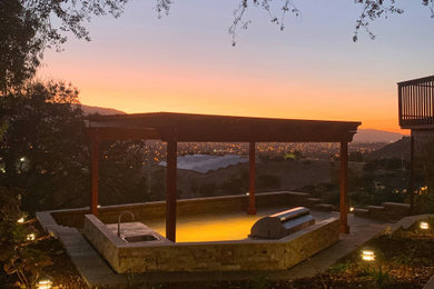 Inspiration for a huge contemporary backyard concrete paver patio kitchen remodel in San Francisco with a pergola