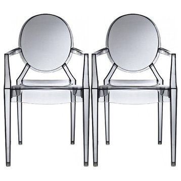 Modern Stackable Chairs Ghost Style Armchairs With Arm Dining Clear Set of 2, Smoke Gray, Set of 2