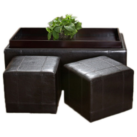 GDF Studio 3-Piece Five Brooks Espresso Leather Ottomans, Set