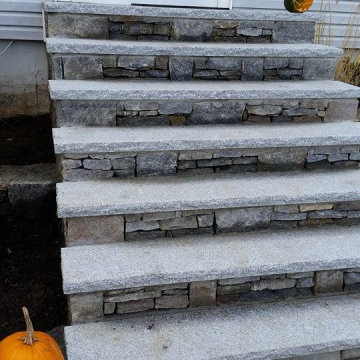 Stone Wall, Landscape Lighting, Walkway & Landing Project, Marlborough MA