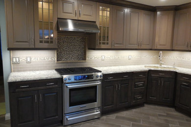 Mid-sized beach style l-shaped porcelain tile kitchen photo in Other with an undermount sink, raised-panel cabinets, gray cabinets, quartzite countertops, beige backsplash, cement tile backsplash, stainless steel appliances and no island
