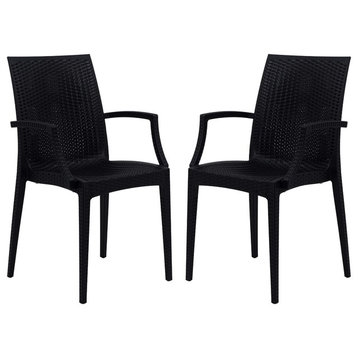 LeisureMod Weave Mace Indoor/Outdoor Dining Armchairs, Set of 2, Black