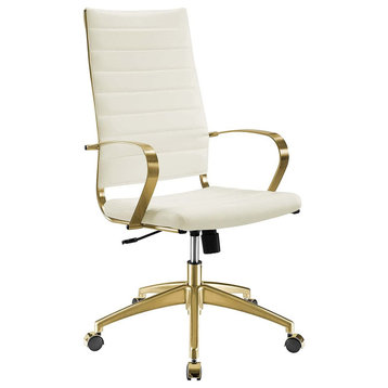 Contemporary Office Chair, Golden Stainless Steel Frame With Ribbed Seat, White