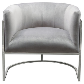 Elevated Barrel Shaped Accent Chair, Gray Velvet, Silver Frame