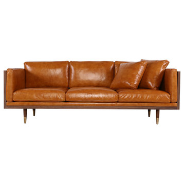 Kardiel Woodrow Lush Midcentury Modern Sofa, Aniline Leather, Walnut/Tan