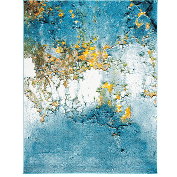 Transitional Area Rug, Natural Abstract Patterned Polypropylene, Blue/Gold