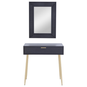 Contemporary Console Table With Mirror, Golden Legs & Geometric Accents, Black