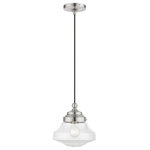 Livex Lighting - Avondale 1 Light Brushed Nickel Mini Pendant - The Avondale mini pendant puts a new spin on schoolhouse style. The curvy clear glass shade is paired with brushed nickel finish details, creating a look that is great for any space.