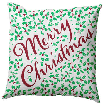 Merry Christmas with Holly Indoor/Outdoor Throw Pillow, Bright Green, 20"x20"