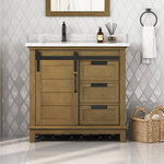 OVE Decors - OVE Decors Edenderry 30" Vanity, Black Hardware, Almond Latte, 36 in. - The Edenderry vanity from OVE Decors is set to bring rustic charm to your modern farmhouse-styled bathroom project. It features an Almond Latte painted finish on its panelled wood base and crisp Black hardware to punctuate it all. Offering plenty of clever storage, a barn door mechanism slides its door over to reveal a slide-out organizer equipped with two USB ports and two electrical sockets for powering up and storing your styling tools. It also includes three drawers, some of which are outfitted with adjustable dividers for truly customized organization. Topping off this vanity's great looks is a smooth engineered marble countertop and counter space-saving left-offset undermount sink.