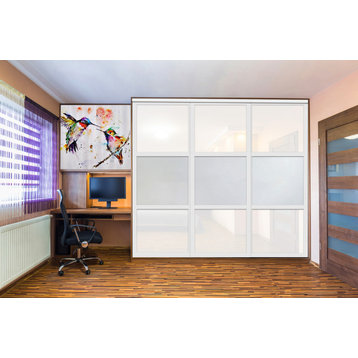 3 Panels Closet / Wardrobe Door with Frosted & White Painted Glass Insert, 106"x80" Inches, Painted