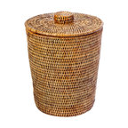 La Jolla Rattan Round Waste Basket With Plastic Insert and Lid, Honey-Brown