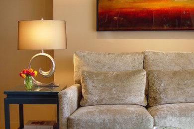 Example of a mid-sized transitional loft-style light wood floor living room design in San Francisco with beige walls and a wall-mounted tv