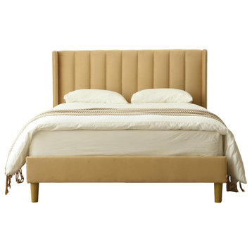 Modern Platform Bed, Flannel Upholstered Wingback Headboard, Pale Gold/Queen