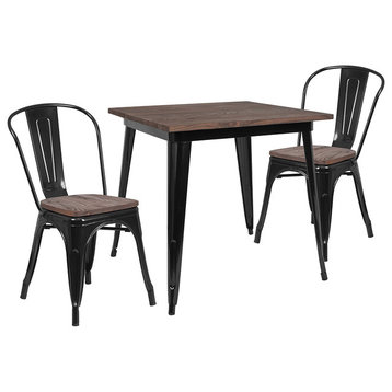 31.5" Square Metal Table Set with Wood Top and 4 Stack Chairs, Black
