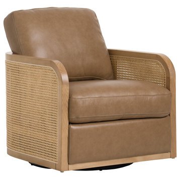 Divani Casa Danson Modern Tan Leather, Wicker Swivel Accent Chair