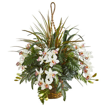 29" Cymbidium Orchid and Mixed Greens Artificial Plant Hanging Basket
