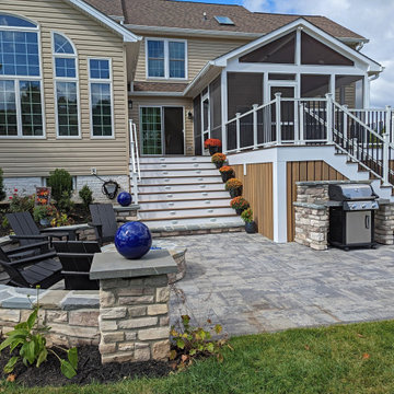 Porch, TimberTech Tigerwood Deck Mocha Border, Paver Patio, Firepit, Lighting