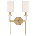 Hudson Valley Lighting - Amherst 2 Light Wall Sconce, Aged Brass Finish, White Faux Silk - George Hepplewhite's name is synonymous with light and balanced furniture designs that shun ornamentation and stand upon sleek, straight legs. The elongated torch handles of our Amherst collection recall Hepplewhite's historic designs, while pristine crystal accents give the collection a 21st century twist. White fabric shades top the tall tapers, complimenting the cylindrical shape of Amherst's crystal bobeches.