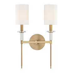 Amherst 2 Light Wall Sconce, Aged Brass Finish, White Faux Silk