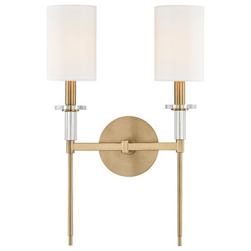 Amherst 2 Light Wall Sconce, Aged Brass Finish, White Faux Silk