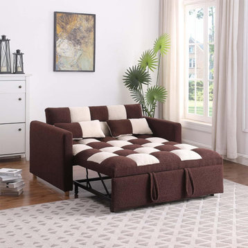 Modern Sleeper Sofa, Teddy Upholstered Seat With Checkboard Pattern, Brown/White