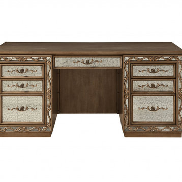 24" Gold Solid Wood Rectangular Credenza Desk With 7 Drawers