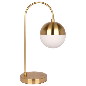 Brass Metal Midcentury Modern Table Lamp, Iron With Frosted Glass