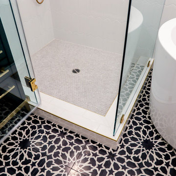 Decorative Floor Tiles, Japanese Soaking Tub, Tiled Shower & Hardwood Vanity