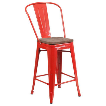 Flash Furniture 24" Metal Counter Stool in Red and Wood Grain