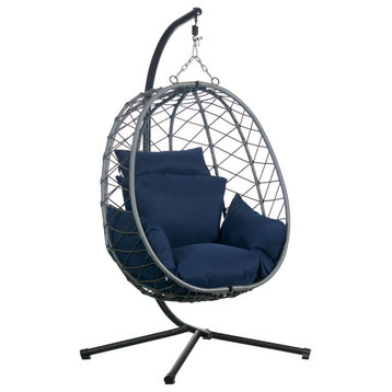 Leisuremod Summit Outdoor Egg Swing Chair in Gray Steel Frame, Blue