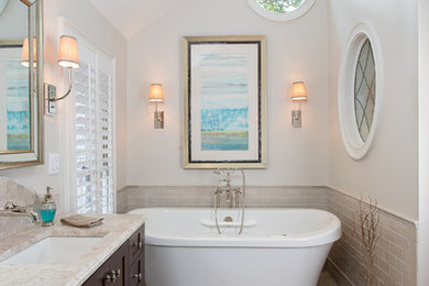 Design ideas for a traditional bathroom in San Francisco with a freestanding tub and subway tile.