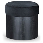 Meridian Furniture - Nimes Upholstered Ottoman, Black, Velour Fur, Black Finish - Strikingly modern, the Nimes black velour fur fabric upholstered ottoman combines plush comfort with sleek design. The top is wrapped in luxurious velour fur fabric, offering a soft and inviting texture, while the cylindrical rich black wooden base provides a minimalist contrast. This versatile ottoman is perfect as extra seating, a footrest, or a stylish accent in any living space.