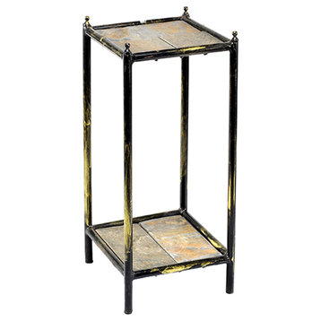 2 Tier Square Stone Top Plant Stand With Metal Frame, Small, Black And Gray