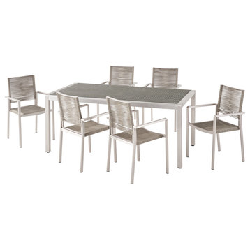 Portland Outdoor Modern 6 Seater Aluminum Dining Set With Wicker Table Top, Tabl