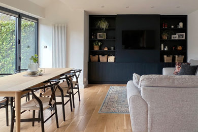 This is an example of a modern dining room in Other with white walls and medium hardwood flooring.