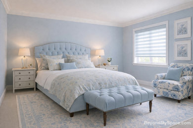 Example of a mid-sized beach style guest vinyl floor and beige floor bedroom design in Orange County with blue walls and no fireplace