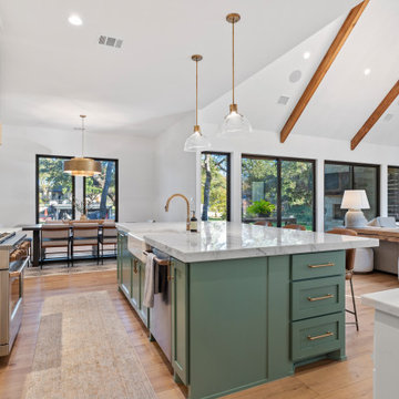 Modern Lakeside Farmhouse Kitchen with Sage Green Island and Marble Countertops