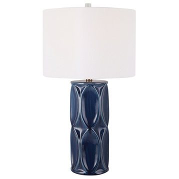 Mid Century Modern Graphic Gloss Navy Blue Table Lamp Oval Pattern Geometric