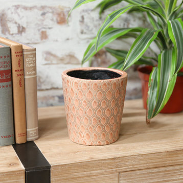 Round Ceramic Pot With Leaf Shape Pattern Design, Gloss Apricot