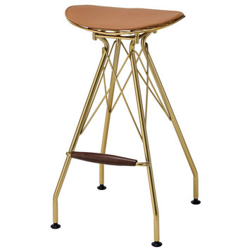 Metal Backless Barstool with Flared legs and Braces Support, Set of 2, Gold
