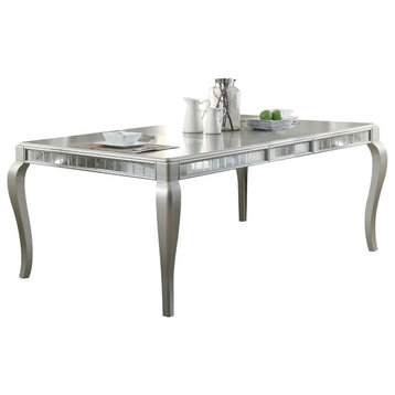 Mirror Accented Wooden Dining Table With Cabriole Legs, Champagne Silver