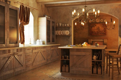 Exempel på ett stort lantligt vardagsrum, med bruna väggar, marmorgolv, en standard öppen spis och en spiselkrans i gips