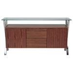 Pangea Home - Ella Buffet, Walnut - Ultra modern dining buffet with 2 pull-out drawers and 2 doors, tempered glass and high polished metal X-legs. Very modern and edgy.