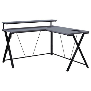 Modern L-Shaped Desk, Spacious Top With Raised Stand and RGB LED Lights, Black