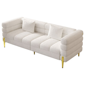 Modern White Boucle Upholstered Fluted 3 Seater Sofa for Living Room with Pillow