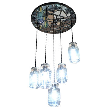 Mason Jar Chandelier on the Bases of a Mirror Mosaic with 5 Pendants