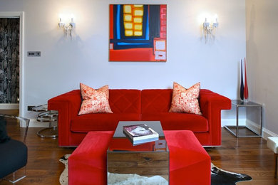 Design ideas for a medium sized bohemian mezzanine living room in London with grey walls.