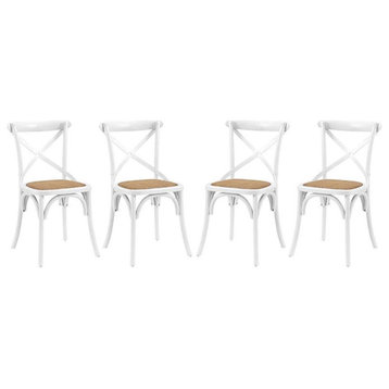 Modway Gear 18.5" Elm Wood and Rattan Dining Side Chair in White (Set of 4)